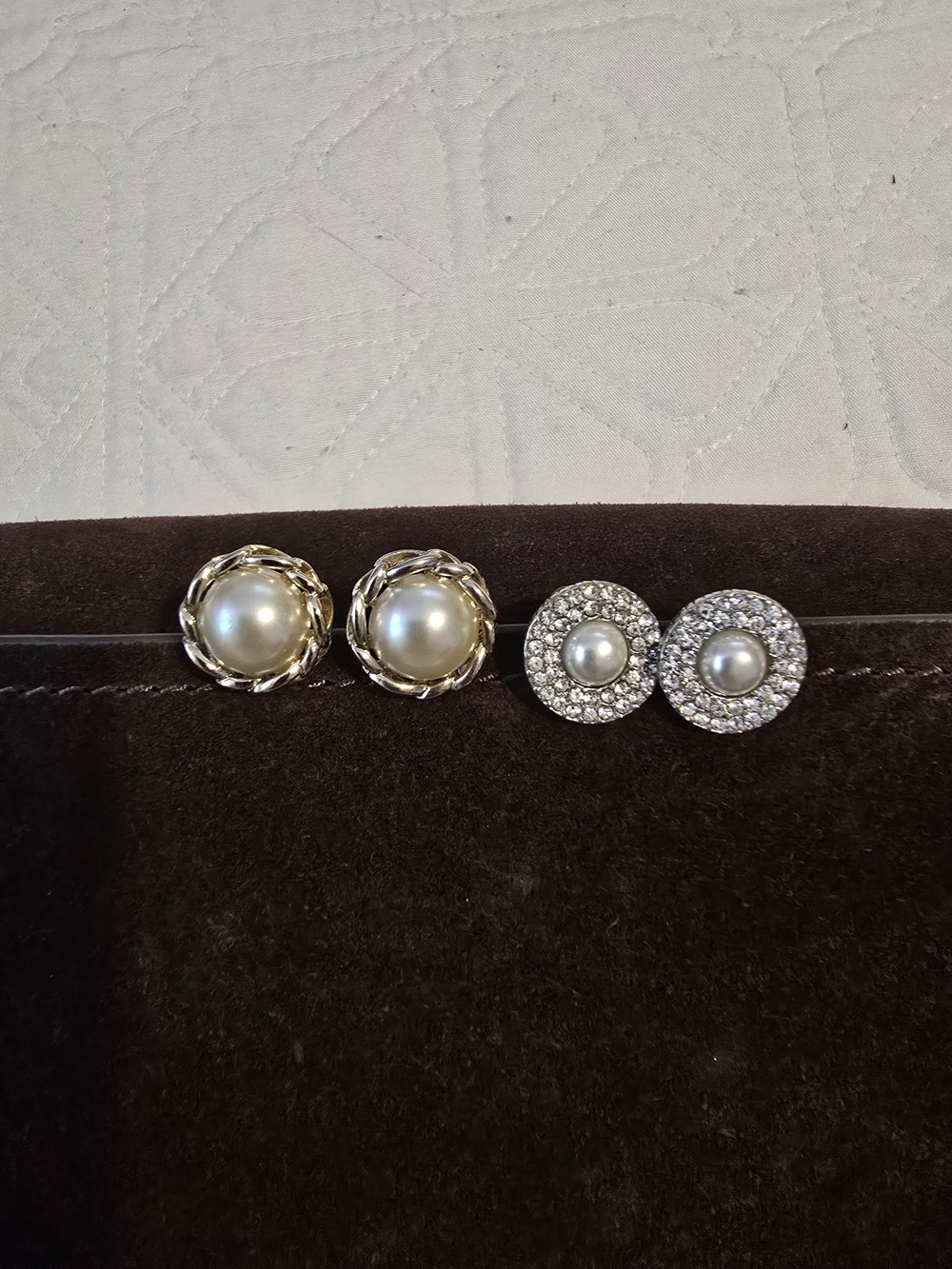 Pearl and Crystal Cluster Stud Earrings - Gold Tone and Silver Tone